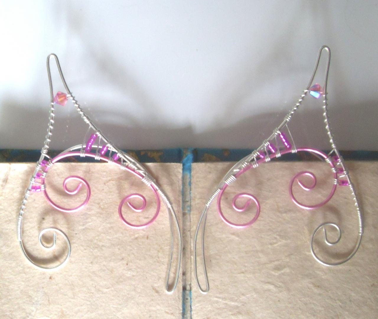 Elf Ear Cuffs! Pink & Silver Handmade Fantasy Ear Cuffs. Faerie, Pixie, Nymph, Sprite, Or Mermaid Fancy Dress Jewellery